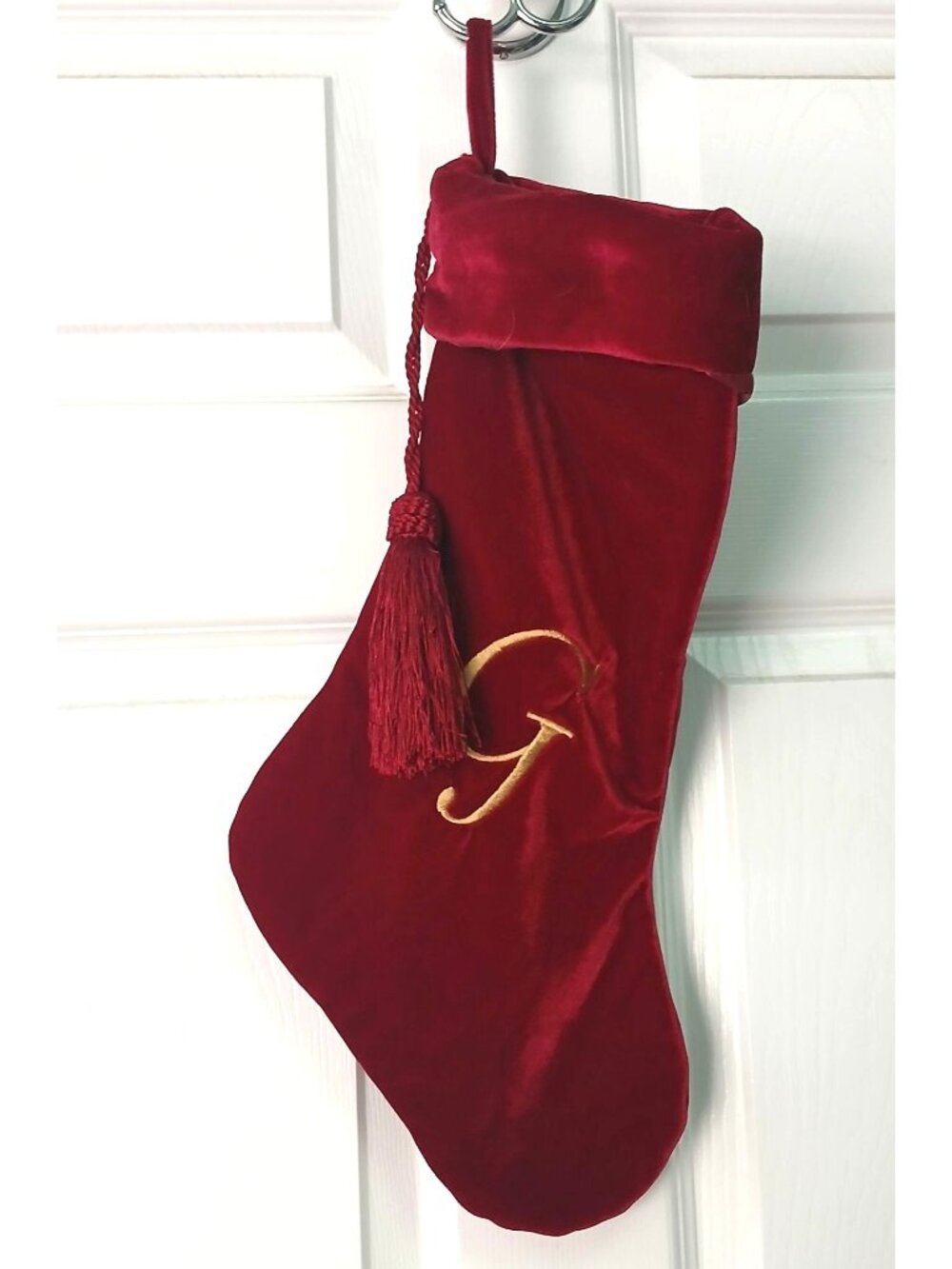 VTG Red Velvet Christmas Stocking With Gold Monogram "G" Tassel  Holiday #D-21